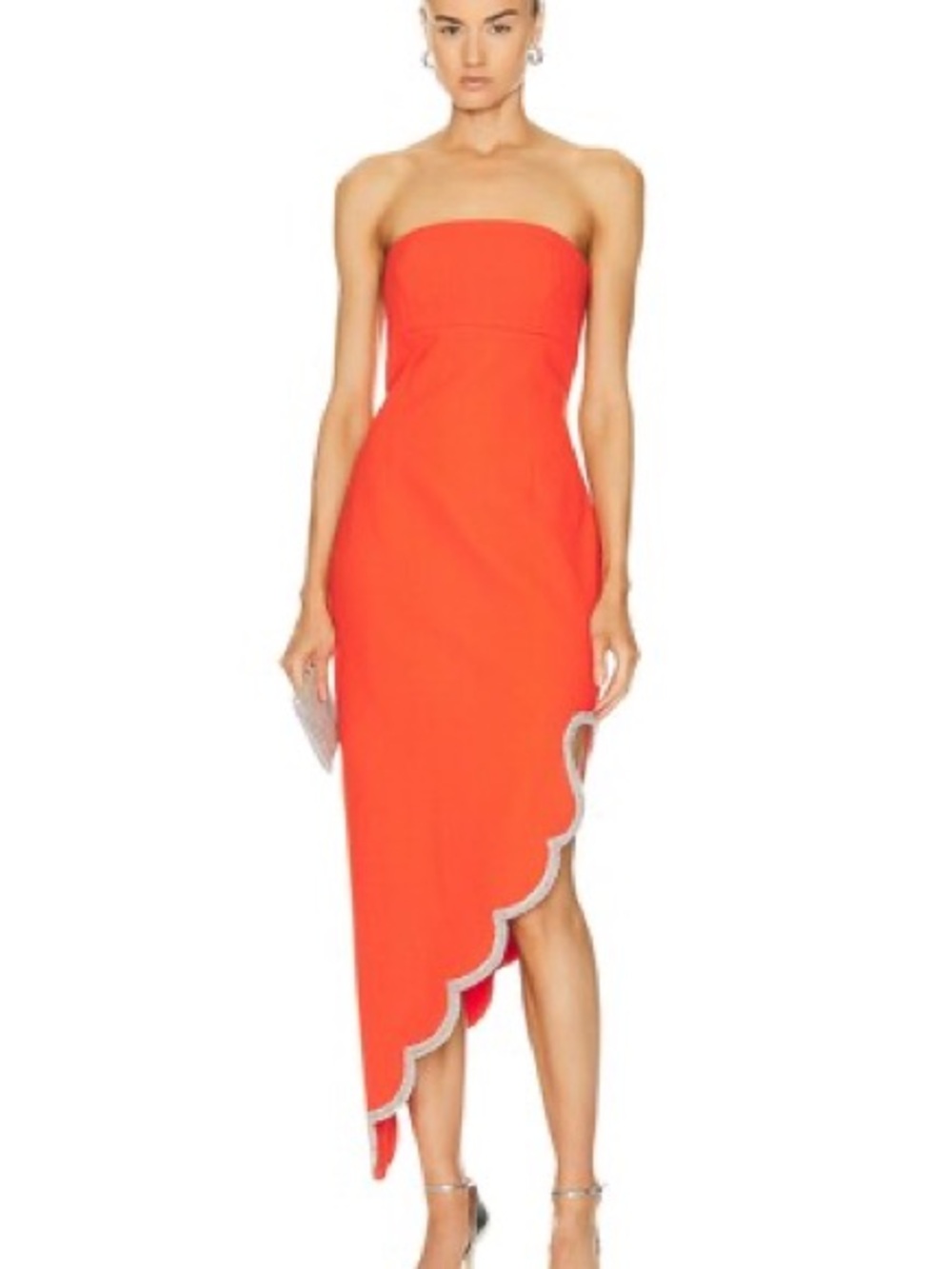 Rachel Gilbert Strapless Scalloped Hem Midi Dress in Coral-Red